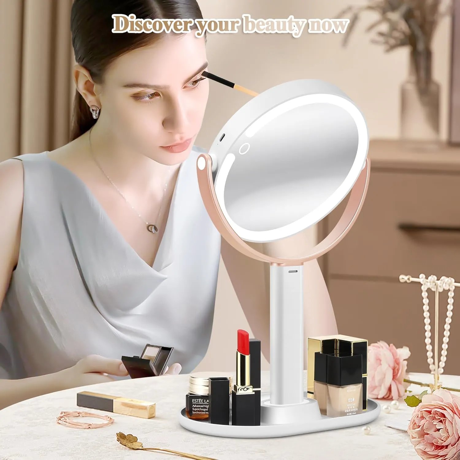 Makeup Mirror with Lights, Double Sided 1x/20x Magnifying Mirror with Light, Rechargeable 3 Color Lights Adjustable Brightness, 360° Rotation Detachable Comes with Tweezer (Rose Gold)
