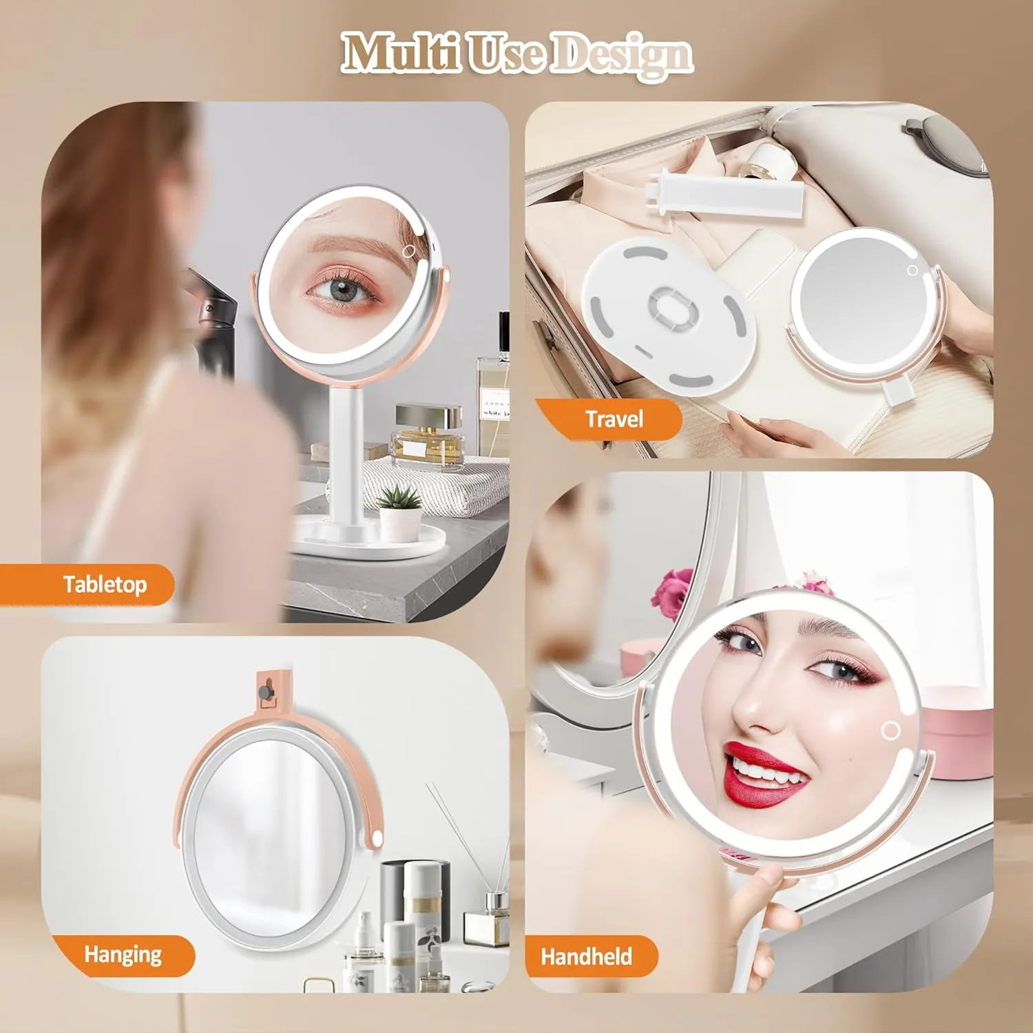 Makeup Mirror with Lights, Double Sided 1x/20x Magnifying Mirror with Light, Rechargeable 3 Color Lights Adjustable Brightness, 360° Rotation Detachable Comes with Tweezer (Rose Gold)