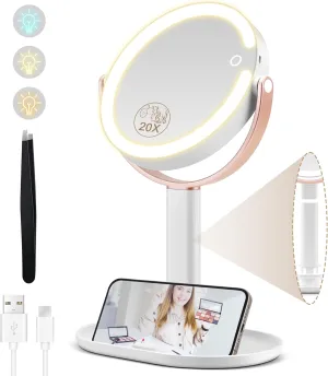 Makeup Mirror with Lights, Double Sided 1x/20x Magnifying Mirror with Light, Rechargeable 3 Color Lights Adjustable Brightness, 360° Rotation Detachable Comes with Tweezer (Rose Gold)