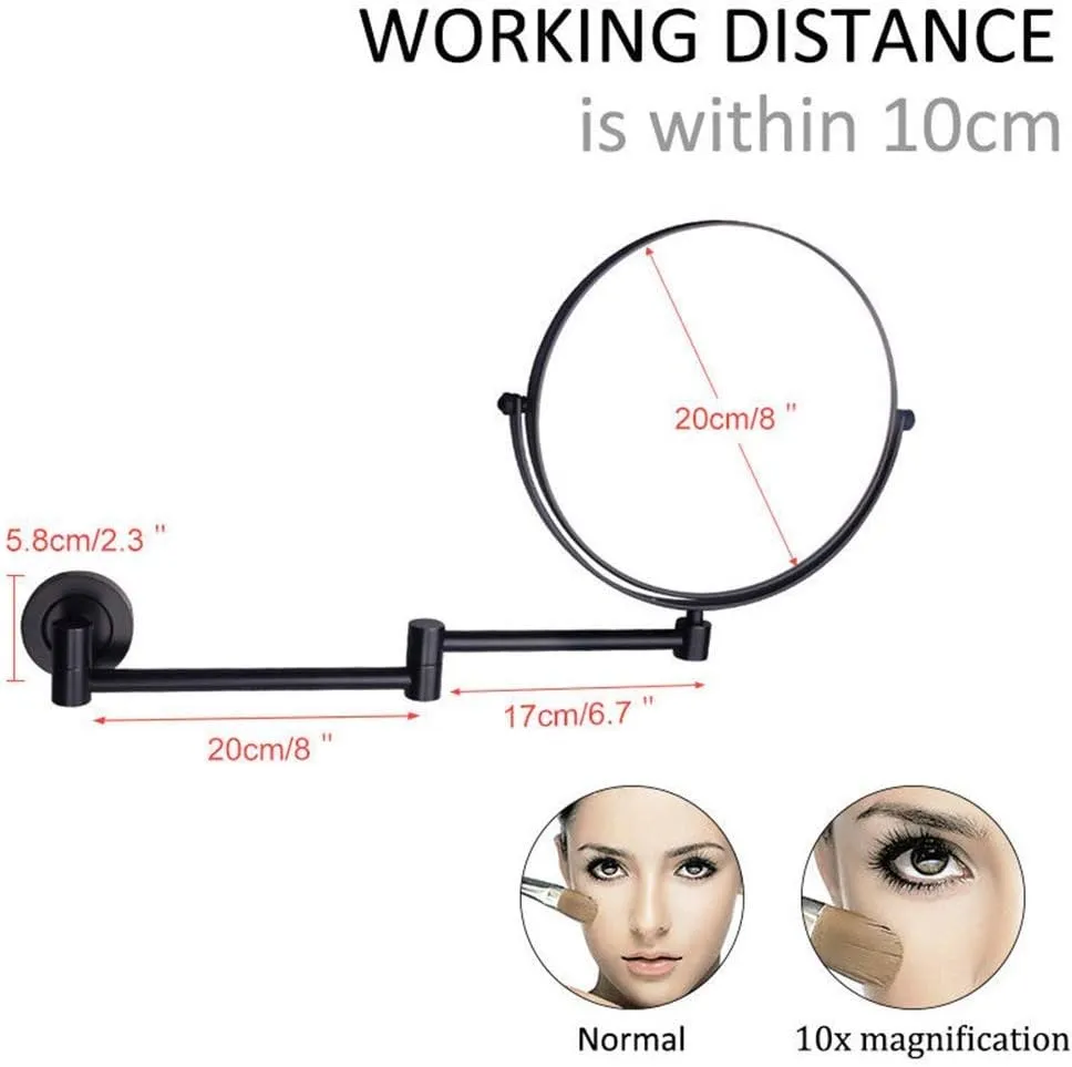 Makeup Mirrors Wall Mounted,8 Inch Vanity Mirrors for Bathroom,Round Brass Extendable Mirrors with Magnifying(Nero,5X)