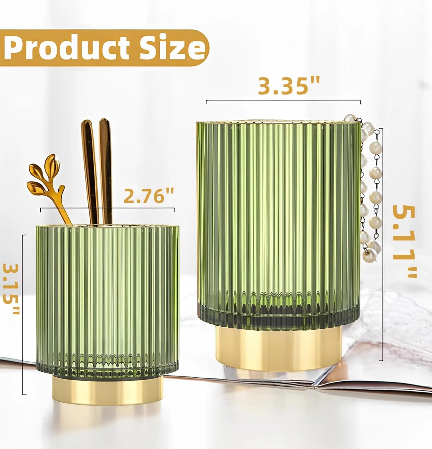 Makeup Brush Holder Organizer, Heavy Crystal Glass Brush Storage Holder, Vintage Cosmetic Make Up Bathroom Brushes Cup Pen Pencil Toothbrush Holder Striped Vase (S L (green))