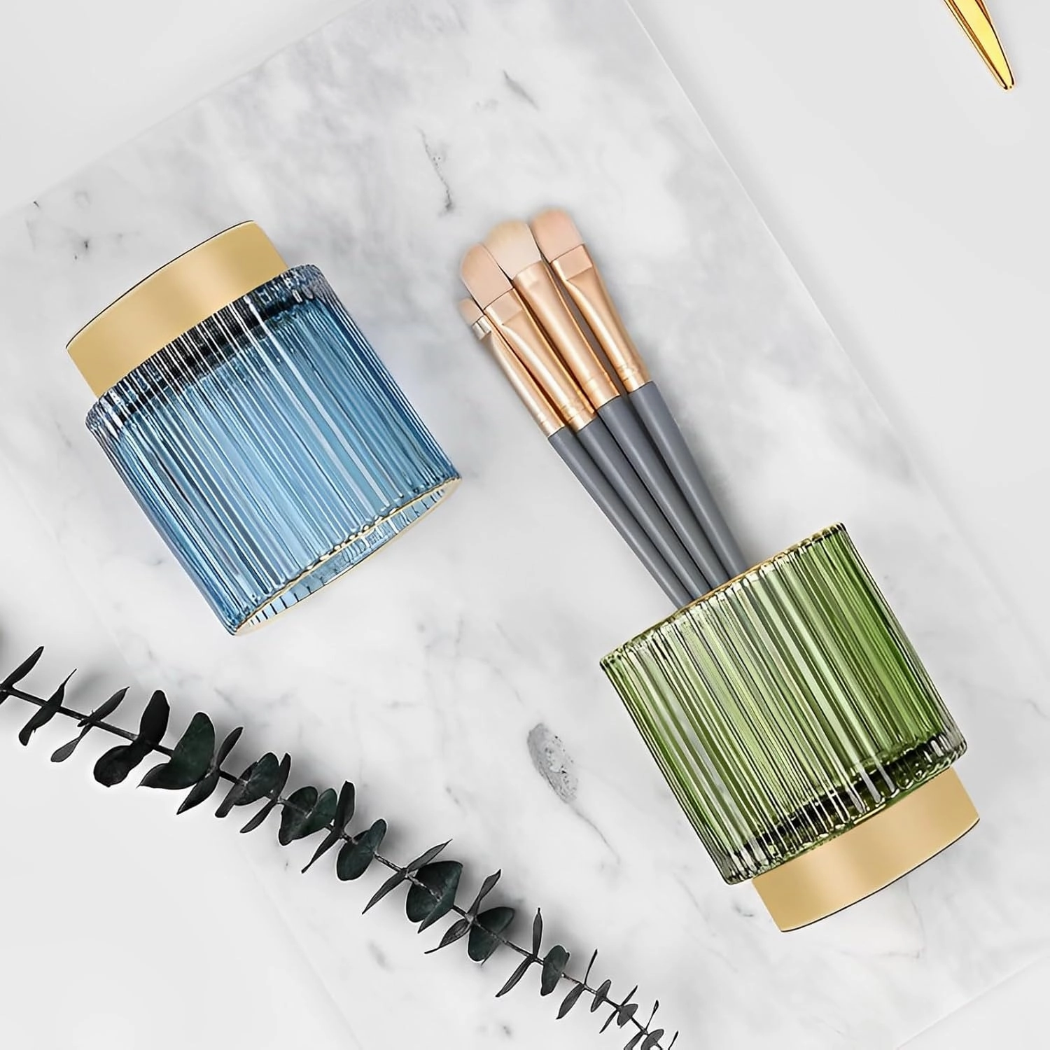 Makeup Brush Holder Organizer, Heavy Crystal Glass Brush Storage Holder, Vintage Cosmetic Make Up Bathroom Brushes Cup Pen Pencil Toothbrush Holder Striped Vase (S L (green))