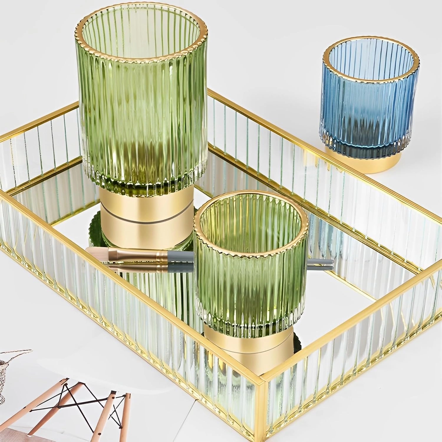 Makeup Brush Holder Organizer, Heavy Crystal Glass Brush Storage Holder, Vintage Cosmetic Make Up Bathroom Brushes Cup Pen Pencil Toothbrush Holder Striped Vase (S L (green))