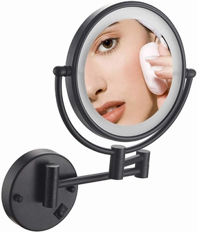 Makeup Mirror 10x Magnification Wall Mount, Makeup Mirror with Lights Black, Double Sided Folding LED Bathroom Mirror Retractable 360°Swivel Illuminated Vanity Mirror, 8 Inch,Usbcharging