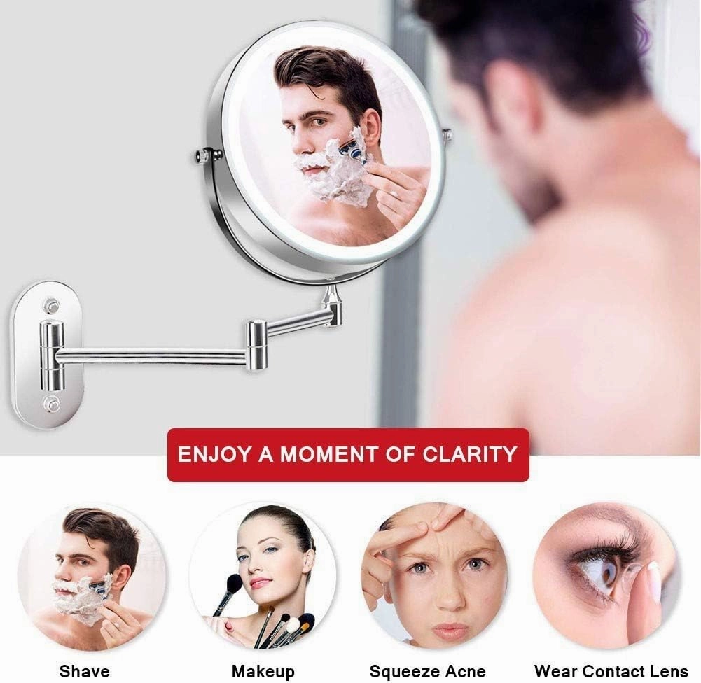 Makeup Mirror 8' Bathroom Mirror Wall Mounted Upgrade Auto Off LED Makeup Mirror Shaving Mirror with 1X/ 10X Magnification 360° Swivel Powered by 4 x AAA Batteries(Chrome)