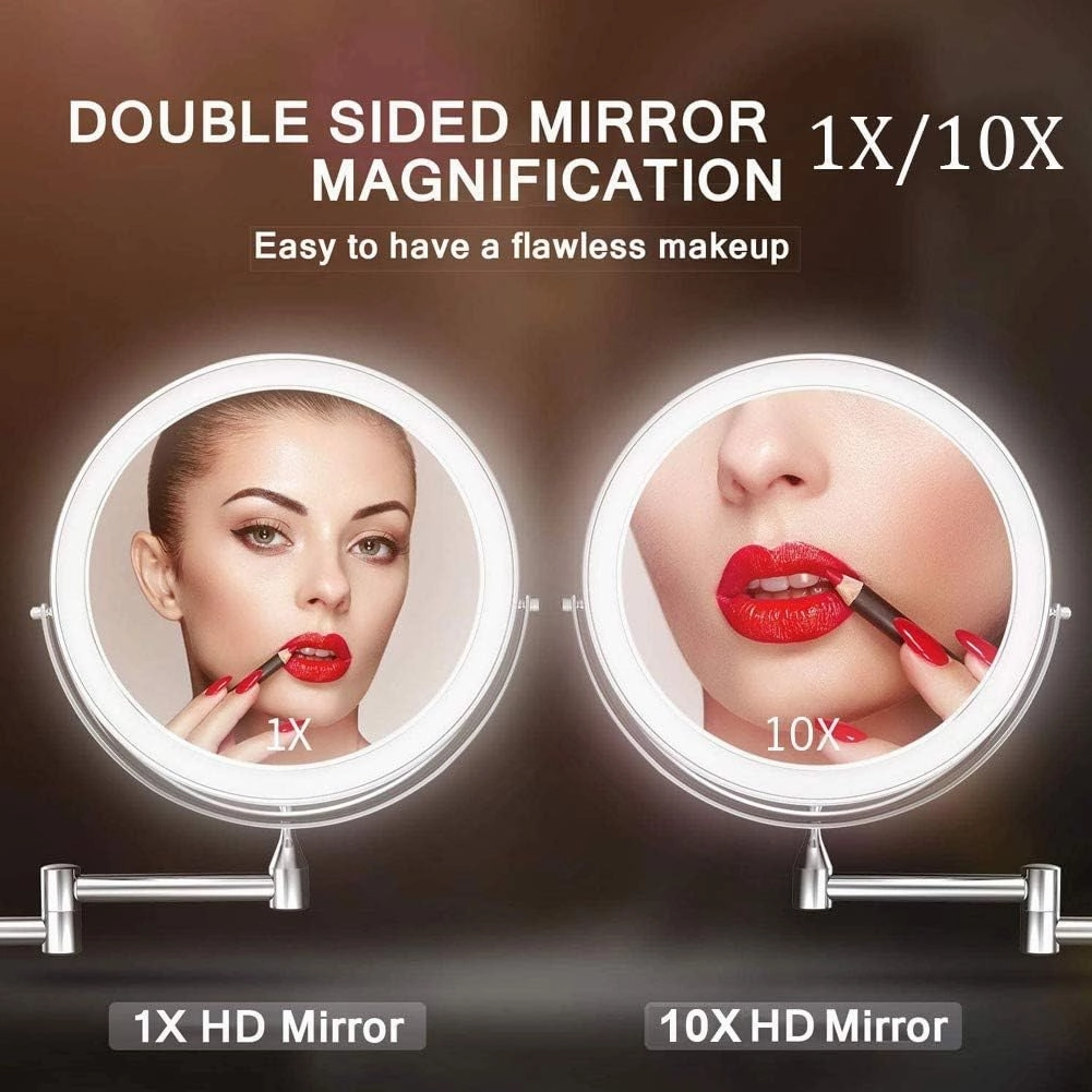 Makeup Mirror 8' Bathroom Mirror Wall Mounted Upgrade Auto Off LED Makeup Mirror Shaving Mirror with 1X/ 10X Magnification 360° Swivel Powered by 4 x AAA Batteries(Chrome)