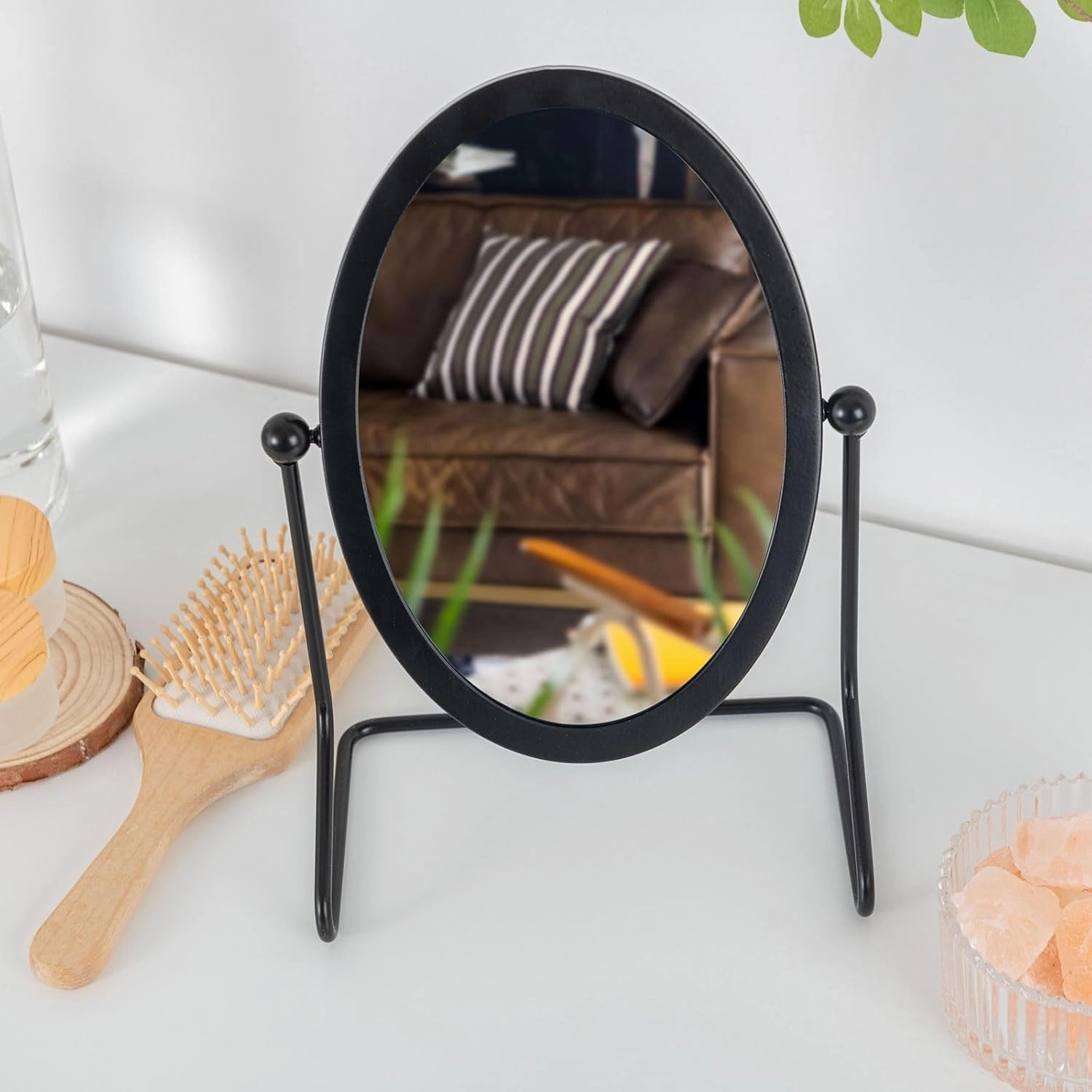 Makeup Mirror Iron Oval Dressing Mirror Adjustable Angle Makeup Mirror Simple Premium Feeling Home Desktop Mirror Tabletop Vanity Mirror(Black)