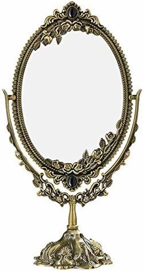 Makeup Mirror Retro Metal Cosmetic Mirror Floral Tabletop Oval Vanity Mirror with Stand Dressing Room Swivel Double Sided Decorative Mirror for Women Gift Makeup Mirror