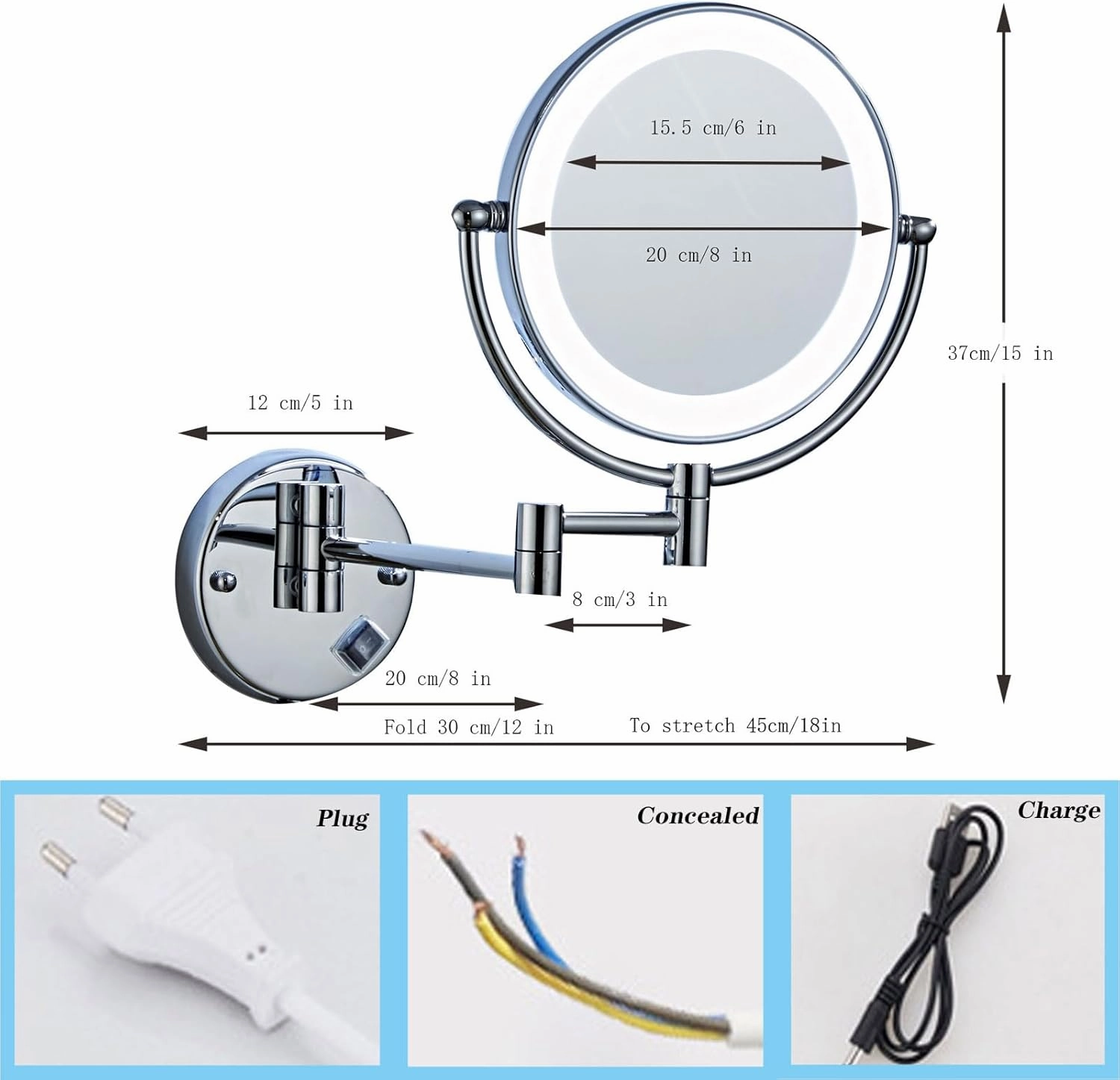 Makeup Mirror Wall Mounted, Cosmetic Mirror with LED Light and Magnification, 360° Swivel Vanity Mirror, Extendable Long Arm Cosmetic Mirror, for Make up, Shave Wait (Rose Gold Concealed 10X)
