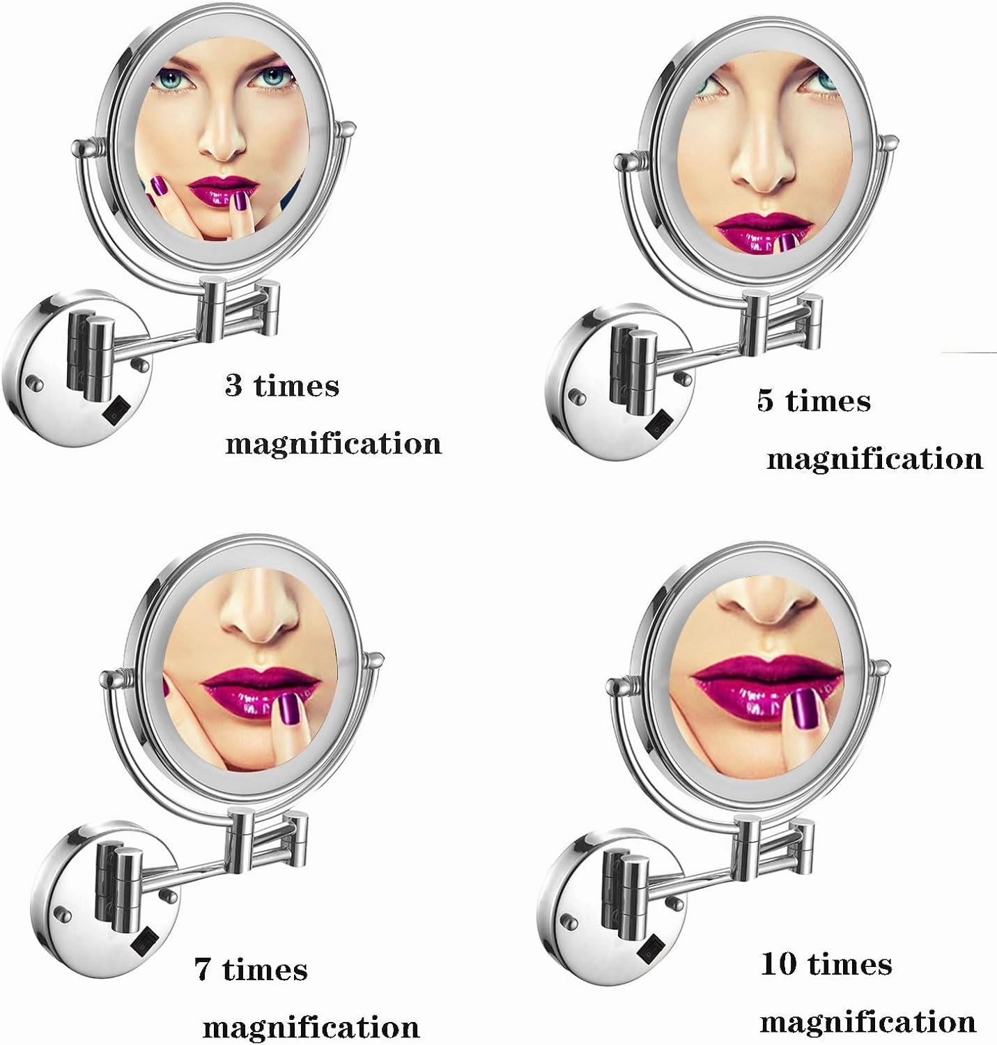 Makeup Mirror Wall Mounted, Cosmetic Mirror with LED Light and Magnification, 360° Swivel Vanity Mirror, Extendable Long Arm Cosmetic Mirror, for Make up, Shave Wait (Rose Gold Concealed 10X)
