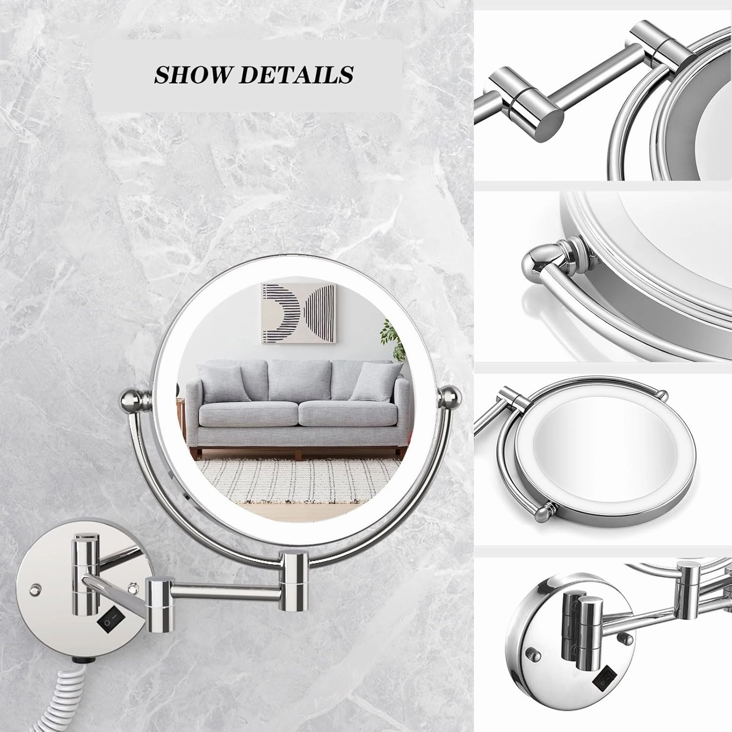 Makeup Mirror Wall Mounted, Cosmetic Mirror with LED Light and Magnification, 360° Swivel Vanity Mirror, Extendable Long Arm Cosmetic Mirror, for Make up, Shave Wait (Rose Gold Concealed 10X)