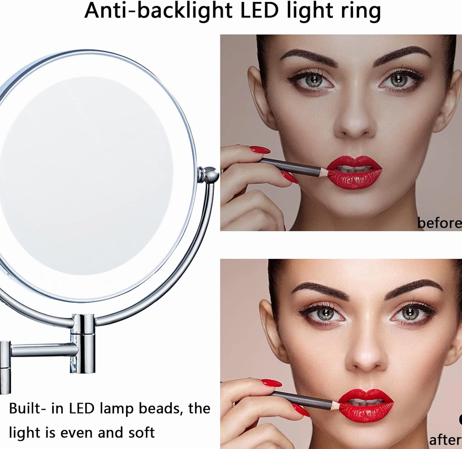Makeup Mirror Wall Mounted Lighted, 9 Inch Double Sided 1x 3x 5x 7x 10x Magnifying Bathroom Mirror, 360 Degree Rotation Retractable Vanity Mirrors, Shaving Mirror (Antique Copper Charging 5X)