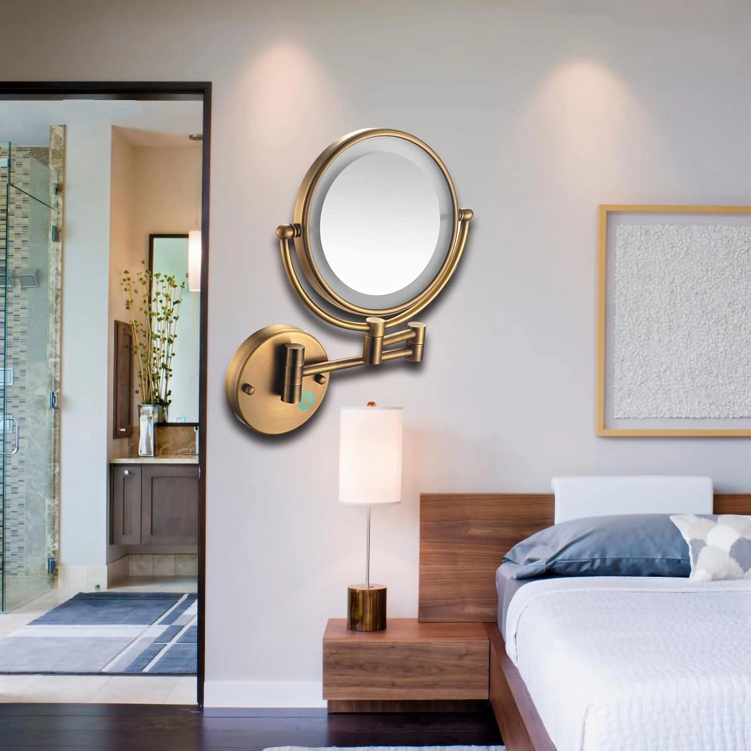 Makeup Mirror Wall Mounted Lighted, 9 Inch Double Sided 1x 3x 5x 7x 10x Magnifying Bathroom Mirror, 360 Degree Rotation Retractable Vanity Mirrors, Shaving Mirror (Antique Copper Charging 5X)