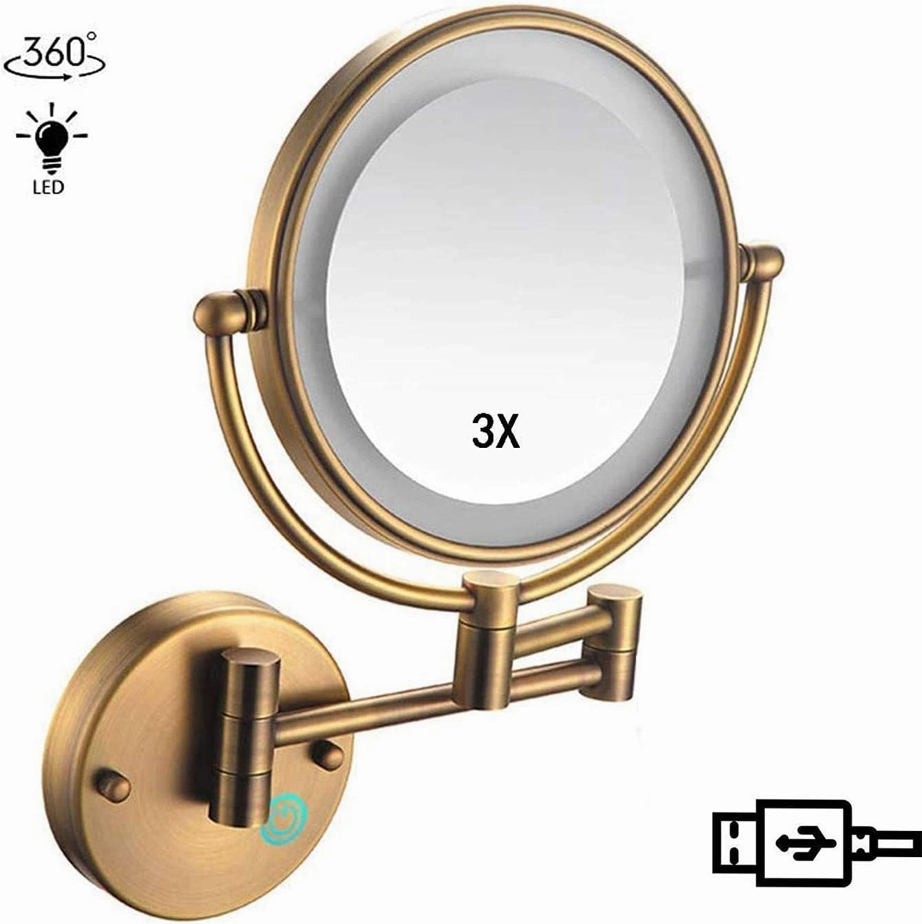 Makeup Mirror Wall Mounted, Round Make Up Mirror with 3X Magnifying Mirror 360 Rotation USB Rechargeable,for Makeup(Antique Copper)