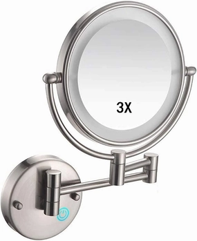 Makeup Mirror Wall Mounted Round Make Up Mirror with 3X Magnifying Mirror 360 Rotation USB Rechargeable for Makeup (Color : Nickel Brushed)