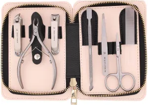 Manicure Pedicure Set 7-in-1 Stainless Steel, Ultra Sharp, Slanted Nail Clipper, Fingernail Clipper, Cuticle Nipper, Glass Nail File, Eyebrow Tweezers, Scissors, Case – Gift (Matte Grey)