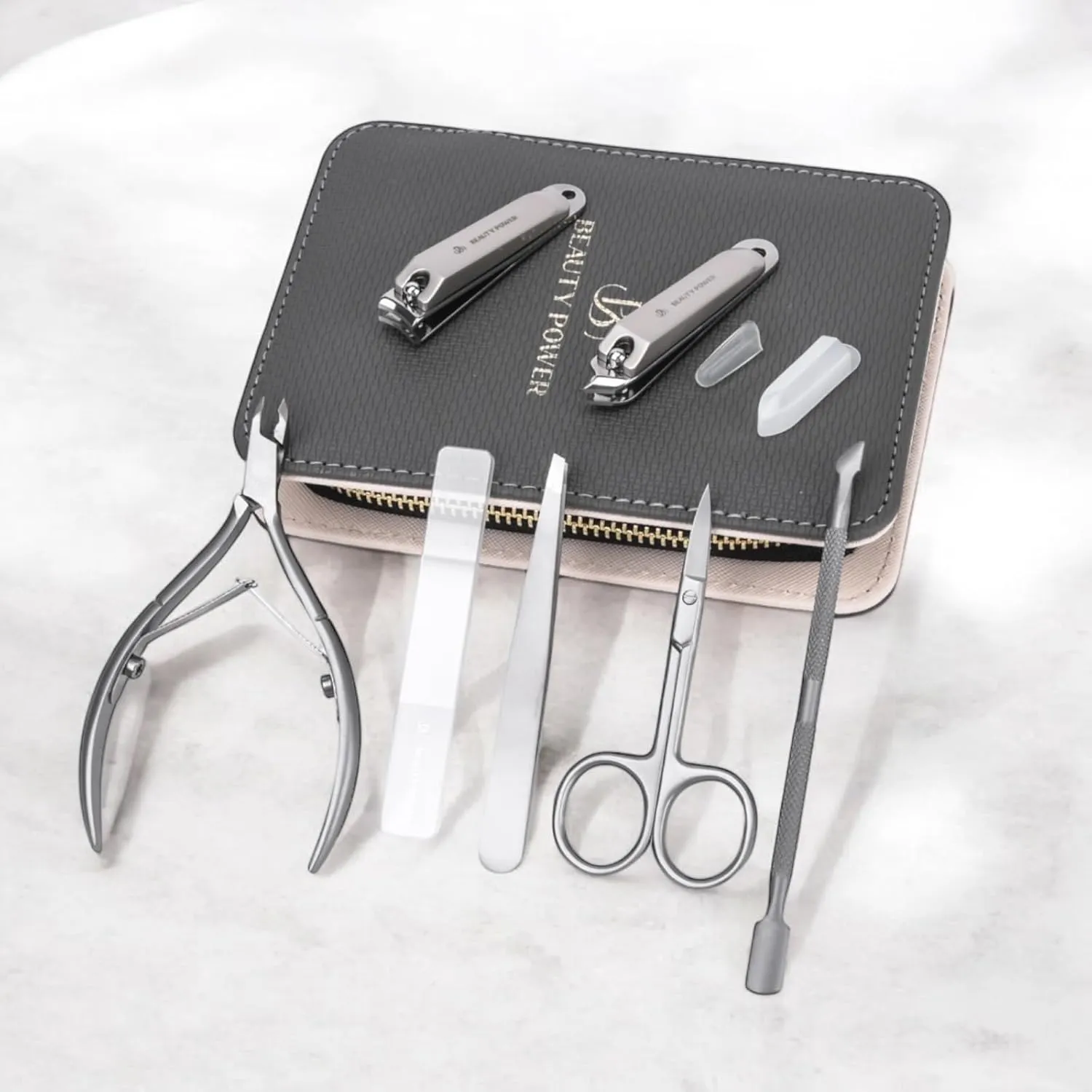 Manicure Pedicure Set 7-in-1 Stainless Steel, Ultra Sharp, Slanted Nail Clipper, Fingernail Clipper, Cuticle Nipper, Glass Nail File, Eyebrow Tweezers, Scissors, Case – Gift (Matte Grey)