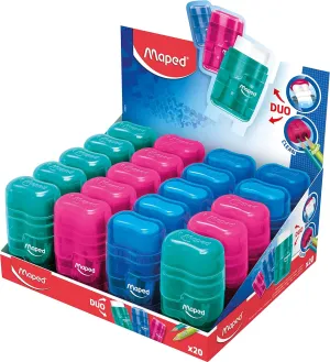 Maped Helix USA - Connect Duo 2-in-1 Pencil Sharpener and Eraser, Pack of 20 - for Schoolwork & Art - Versatile & Safe - Assorted Colors