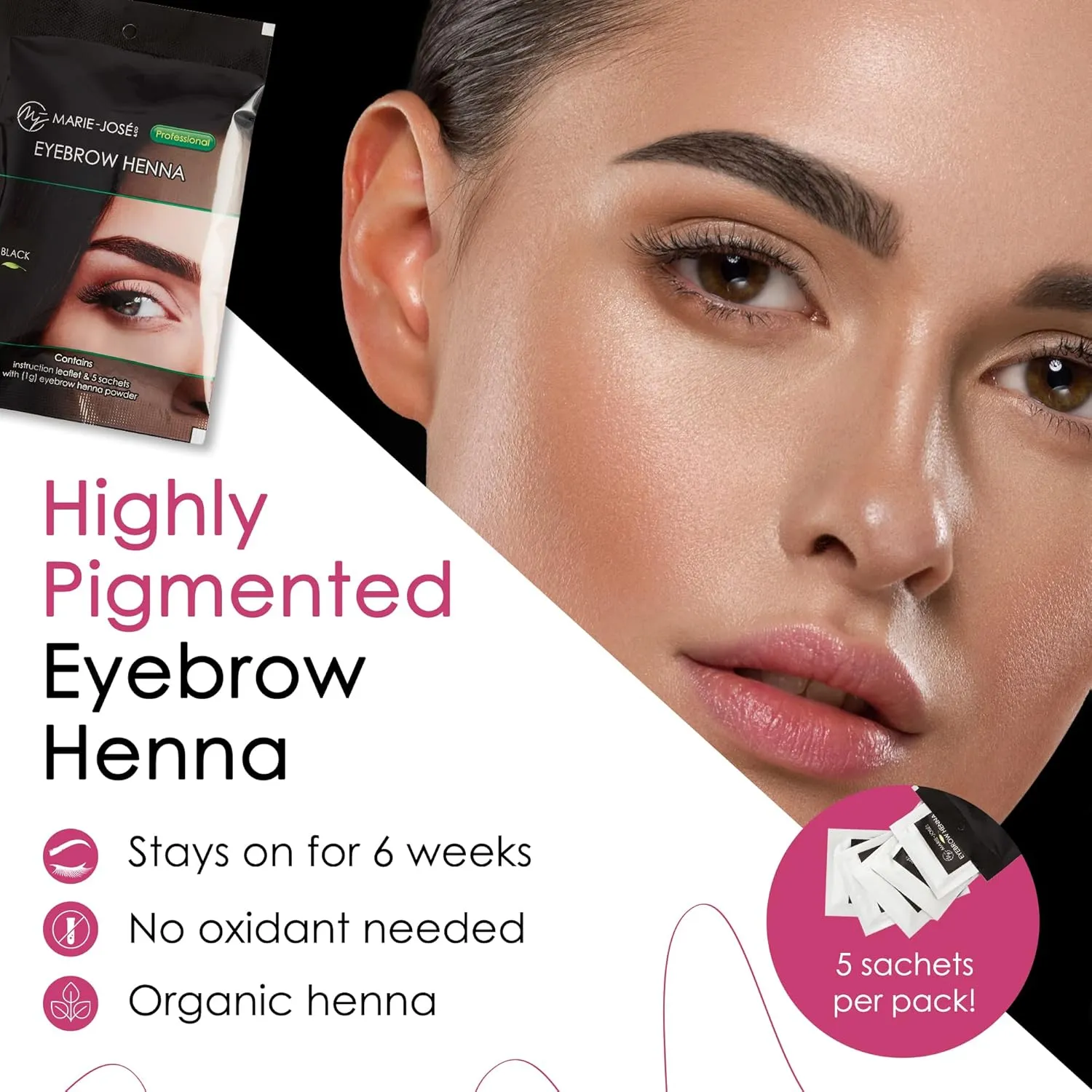Marie-José & Co Black Henna Tint Kit Eyebrow Dye, Eyebrow Spot Coloring, Long-Lasting Eyebrow Powder, Water & Smudge Proof, 5 Sachets, Good for 50 Applications