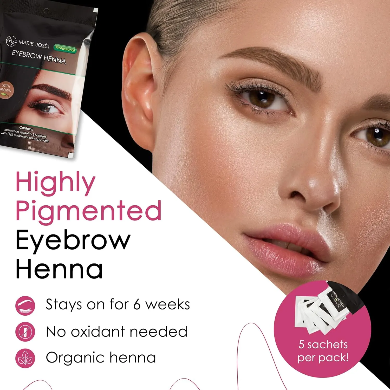 Marie-José & Co Henna Eyebrow Dye Light Brown, Eyebrow for Spot Coloring, Long-Lasting Eyebrow Powder, Water & Smudge Proof, 5 Sachets, Good for 50 Applications