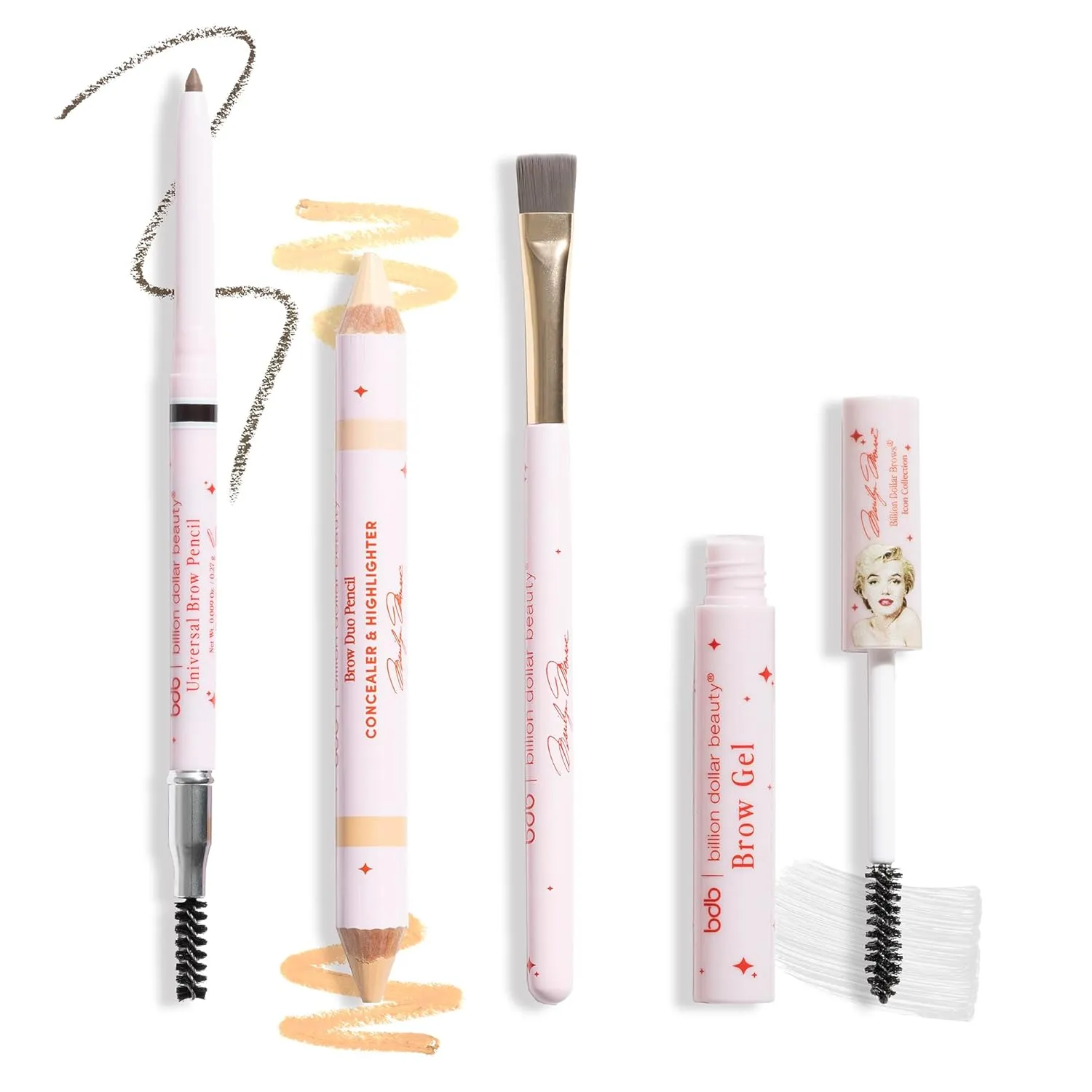 Marilyn Monroe x Billion Dollar Brows Icon Collection – Universal Brow Pencil, Clear Brow Gel, Duo Highlighter & Concealer, Charcoal-Infused Smudge Brush, Long-Lasting, Vegan & Cruelty-Free
