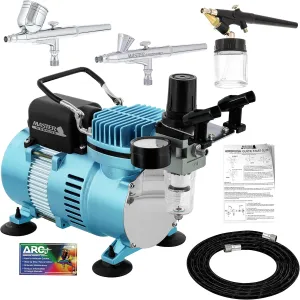 Master Airbrush Cool Runner II Dual Fan Air Compressor Airbrushing System Kit with 3 Professional Airbrush Sets, 0.2, 0.3 mm Gravity & 0.8 mm Siphon Feed - Hose, Holder, How To Airbrush Learning Guide