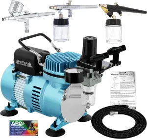 Master Airbrush Cool Runner II Dual Fan Air Compressor Professional Airbrushing System Kit with 3 Airbrush Sets, 0.3 mm Gravity & 0.35, 0.8 mm Siphon Feed - Hose Holder, How To Airbrush Learning Guide
