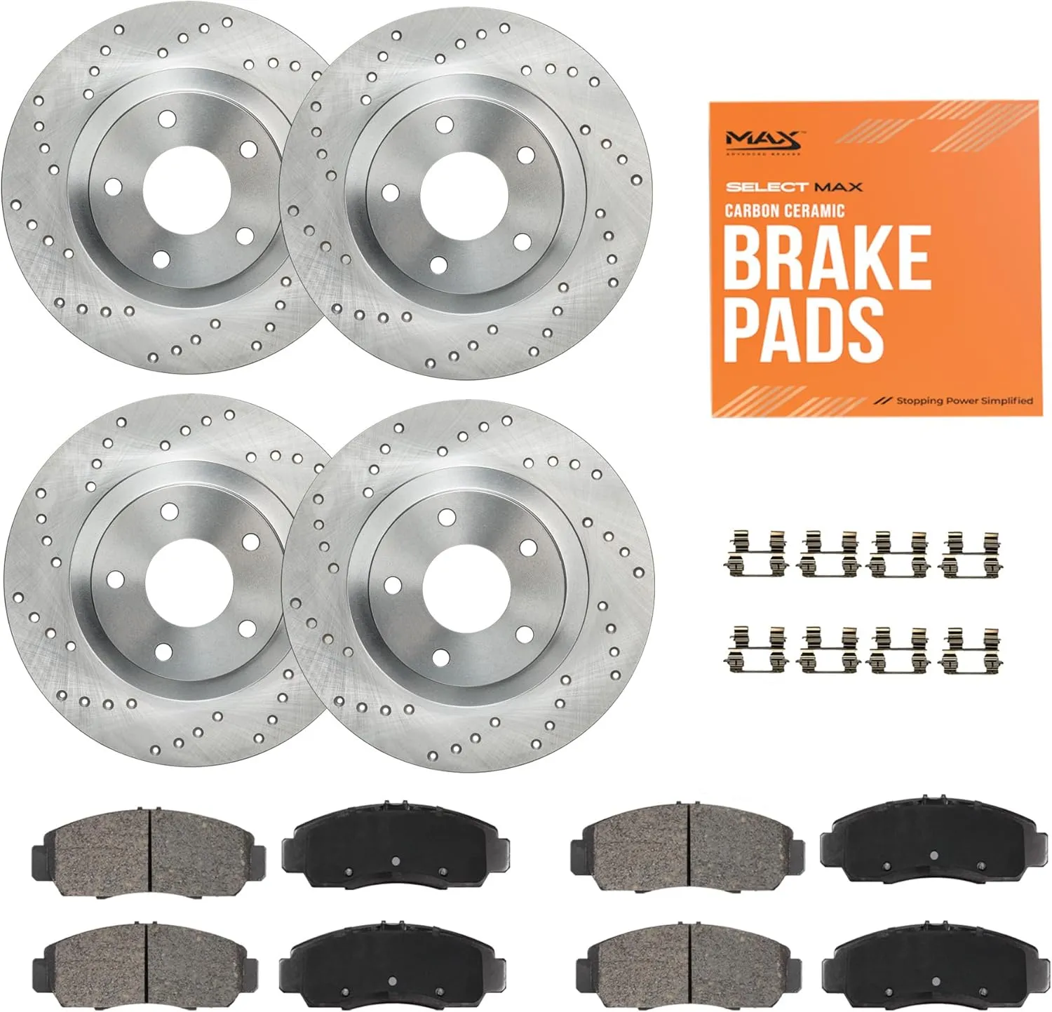 Max Advanced Brakes Front & Rear Brake Kit Compatible With 2015 2016 2017 2018 2019 2020 Acura TLX Replacement Cross Drilled Disc Brake Rotors and Ceramic Brake Pads