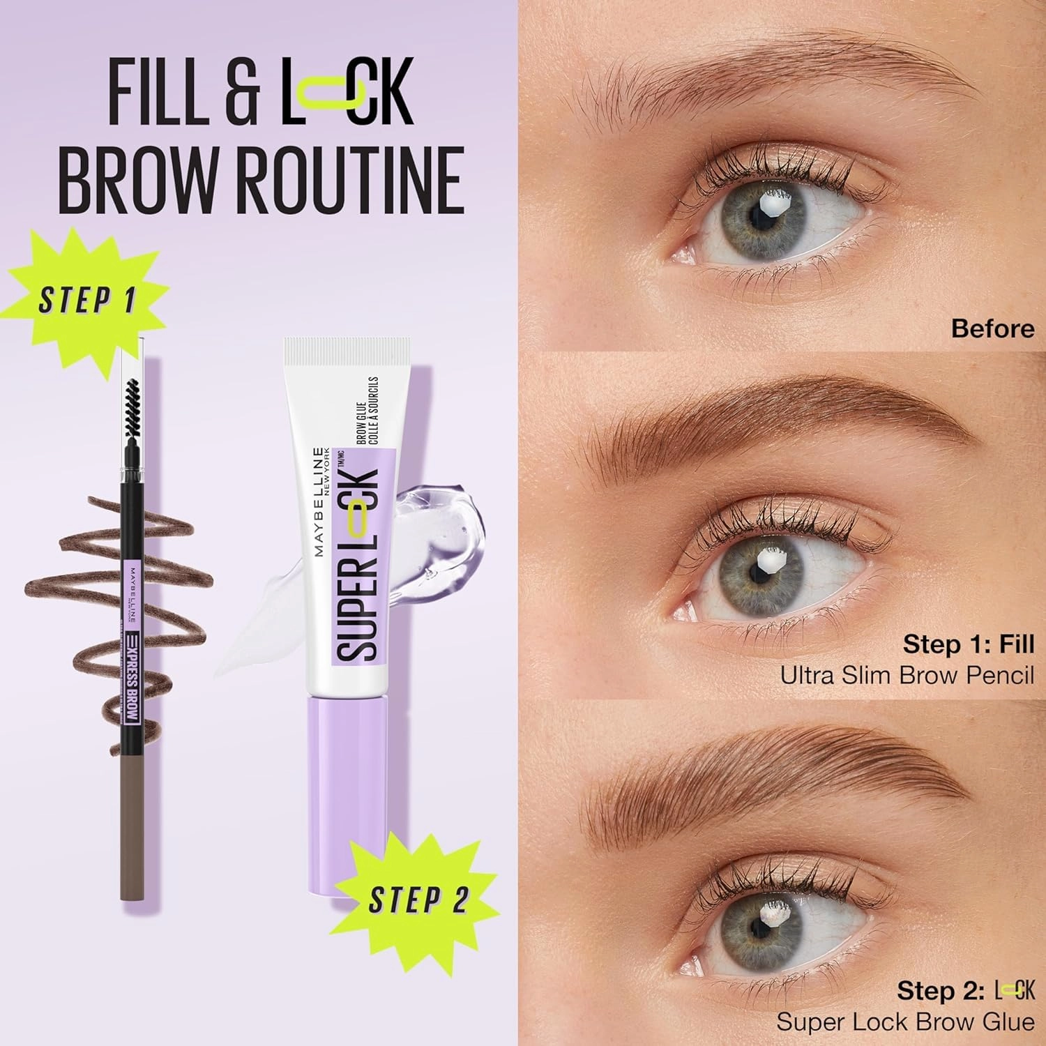 Maybelline Express Brow Ultra Slim Soft Brown Eyebrow Pencil and Super Lock Clear Brow Gel Bundle, Includes 1 Pencil and 1 Gel for Sculpted Brows