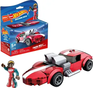 Mega Hot Wheels Twin Mill racecar building set with 101 pieces with micro figure driver figure, toy gift set for ages 5 and up