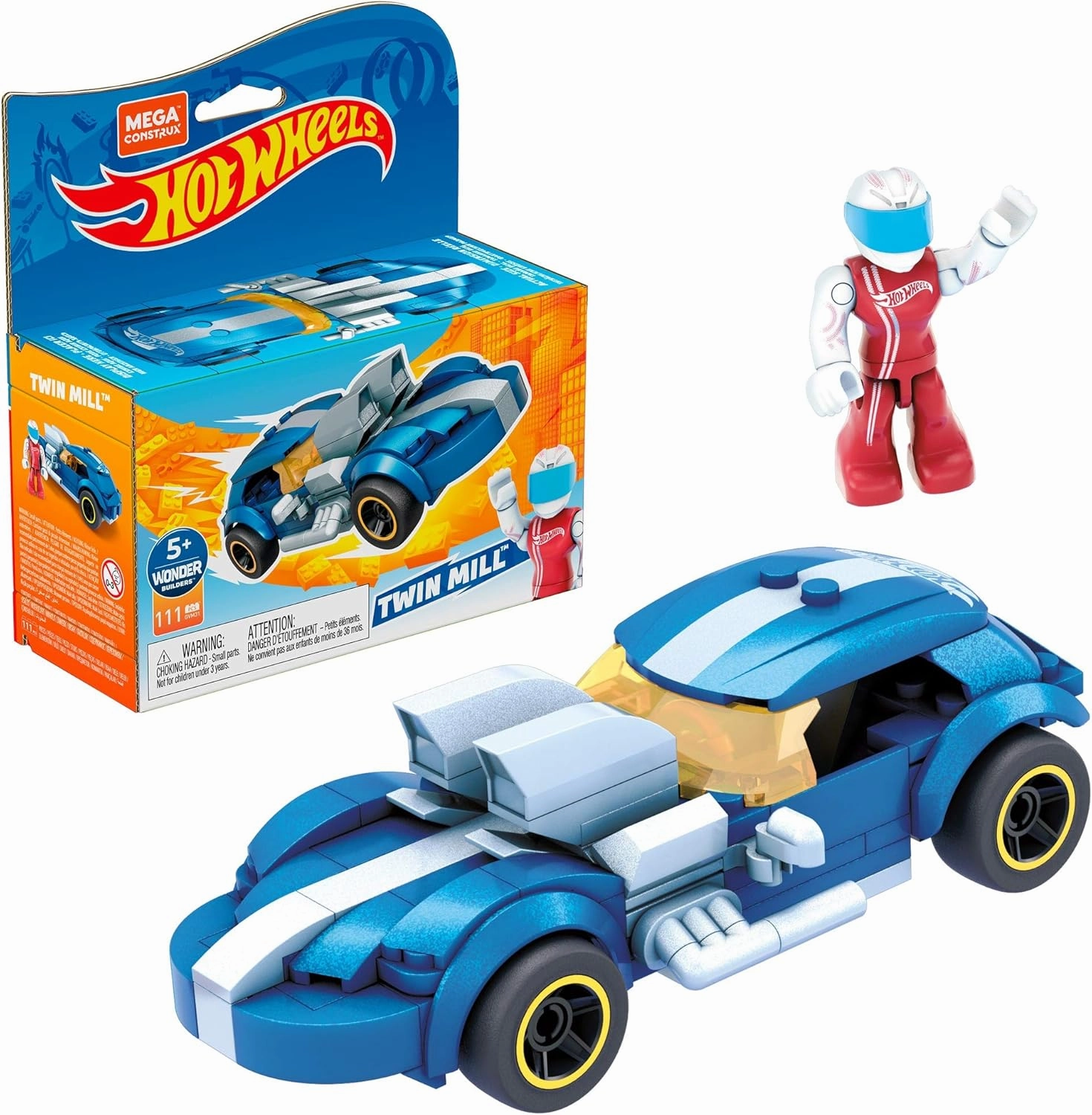 MEGA Construx Hot Wheels Race Car Building Toys Set, Twin Mill with 111 Pieces, 1 Micro Action Figure Driver, Blue, Kids Ages 5  Years