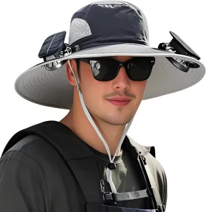 Men's and Women's Solar Fan Hat, Wide Brim with Dual Solar Fans, USB Charging and Solar Powered, UPF 50  Outdoor Fishing Hat - Gray Bucket Shaped Sun Hat for Beach, Golf, Hiking