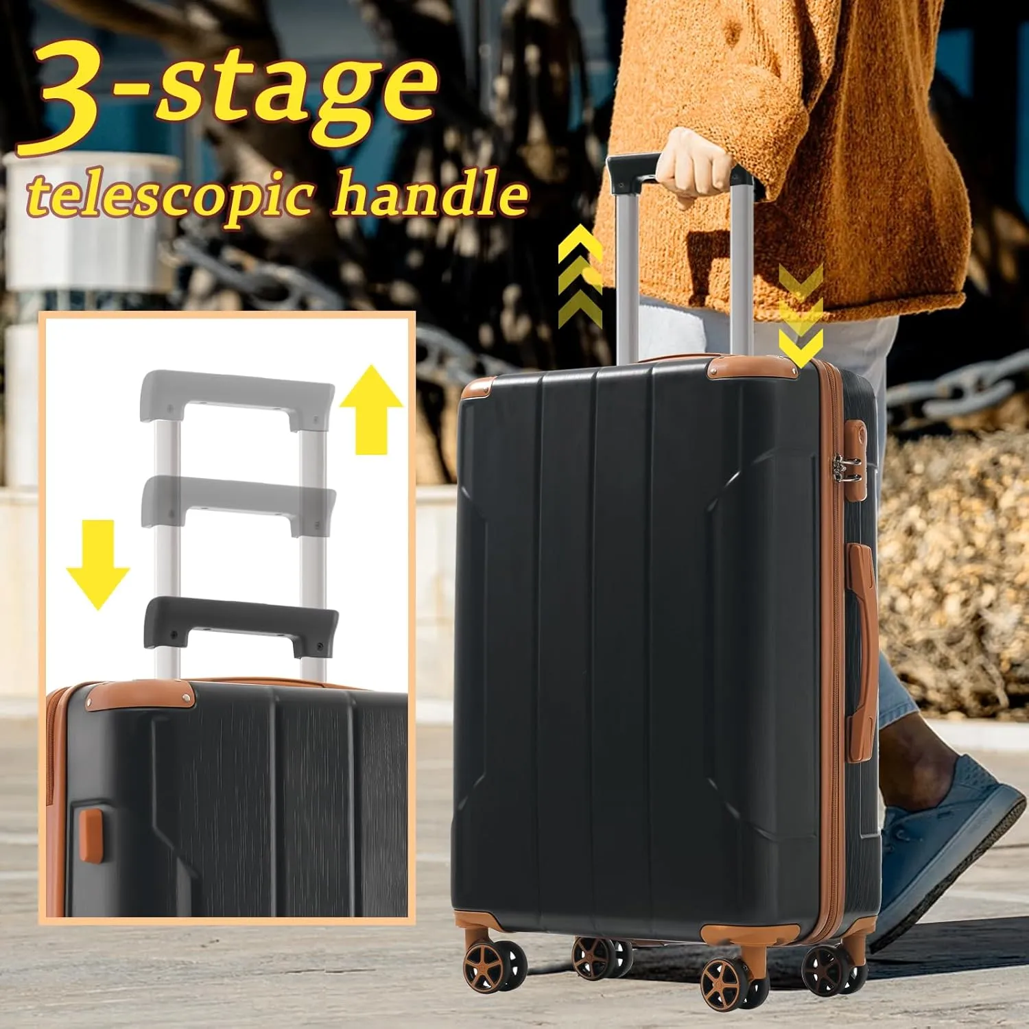 Merax Luggage Sets 3-Piece Hardshell with Spinner Wheels Lightweight Suitcase with Corner Guards (Black brown, 20/24/28)