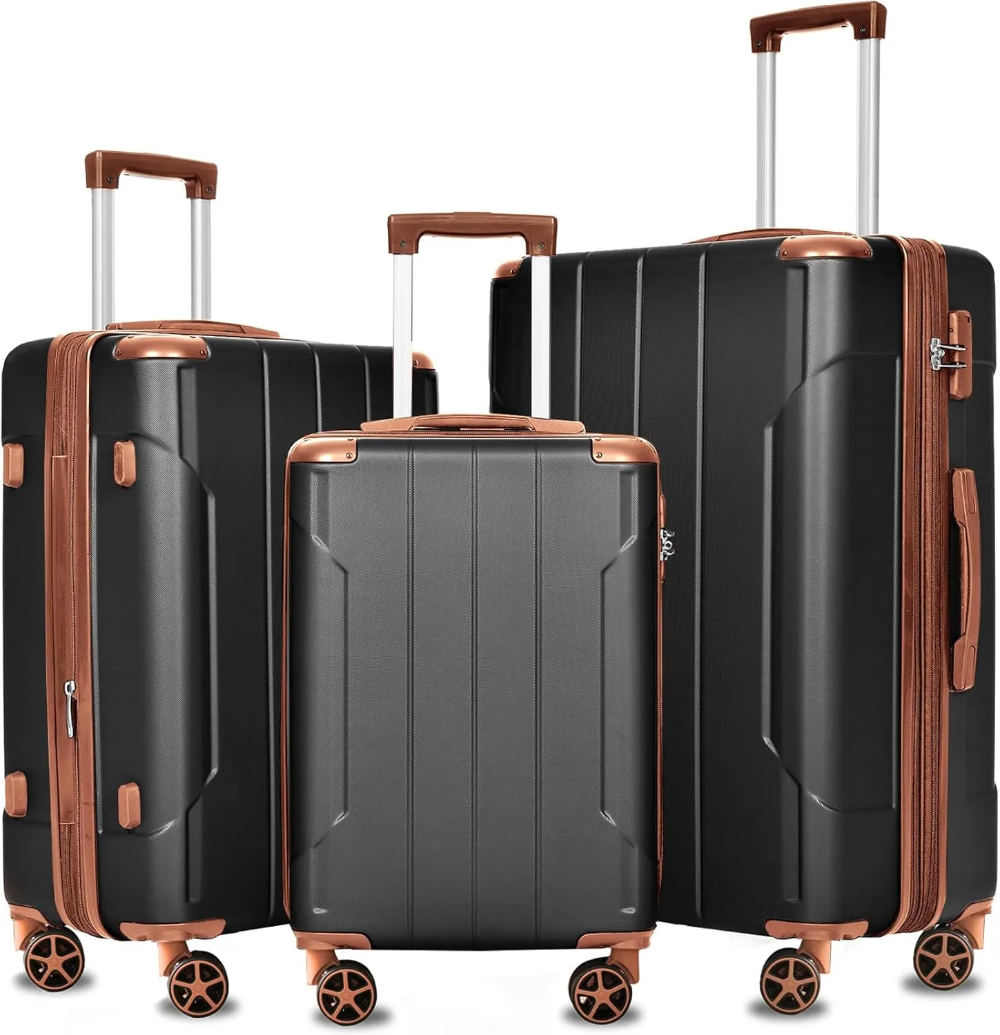 Merax Luggage Sets 3-Piece Hardshell with Spinner Wheels Lightweight Suitcase with Corner Guards (Black brown, 20/24/28)
