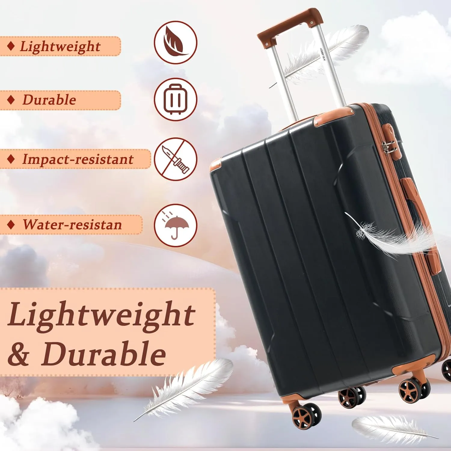 Merax Luggage Sets 3-Piece Hardshell with Spinner Wheels Lightweight Suitcase with Corner Guards (Black brown, 20/24/28)