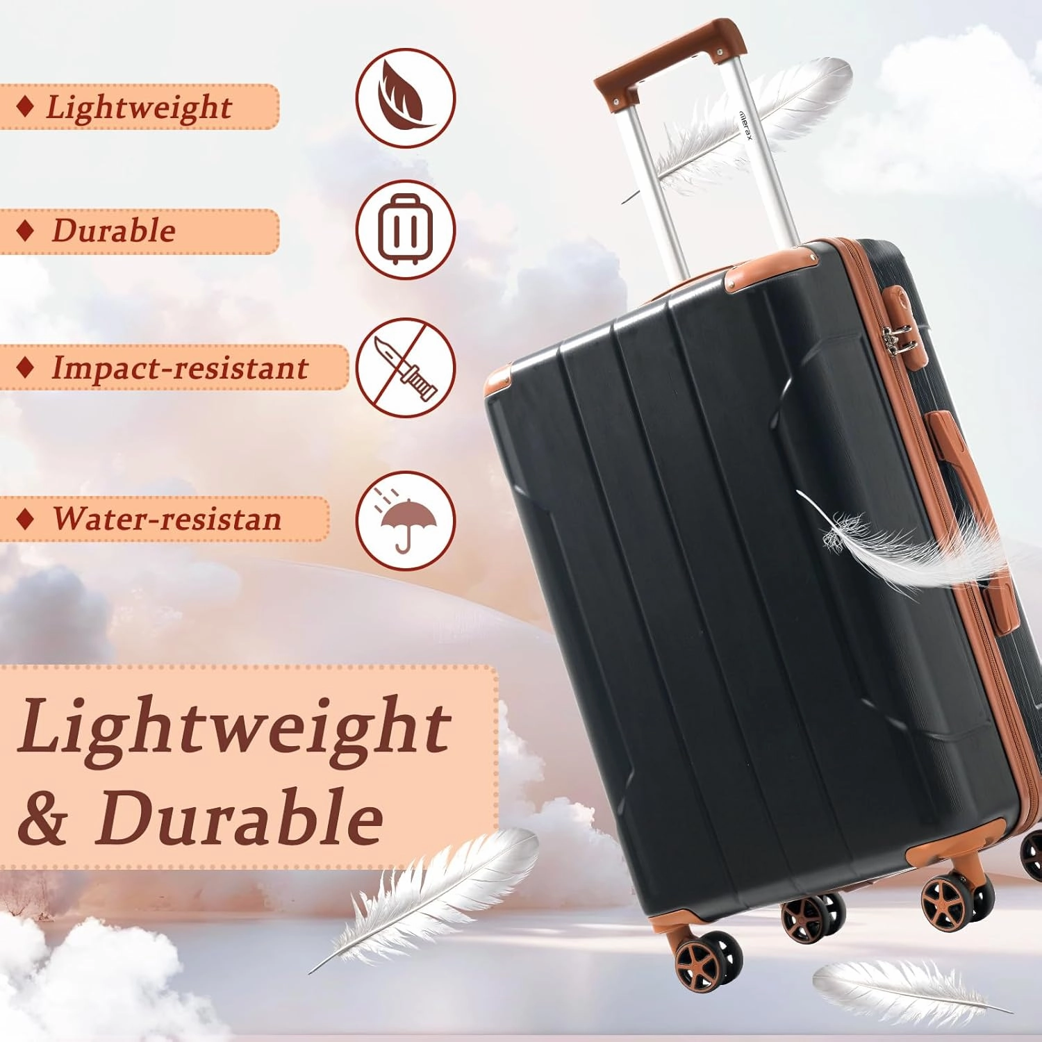 Merax Luggage Sets 3-Piece Hardshell with Spinner Wheels Lightweight Suitcase with Corner Guards (Black brown, 20/24/28)