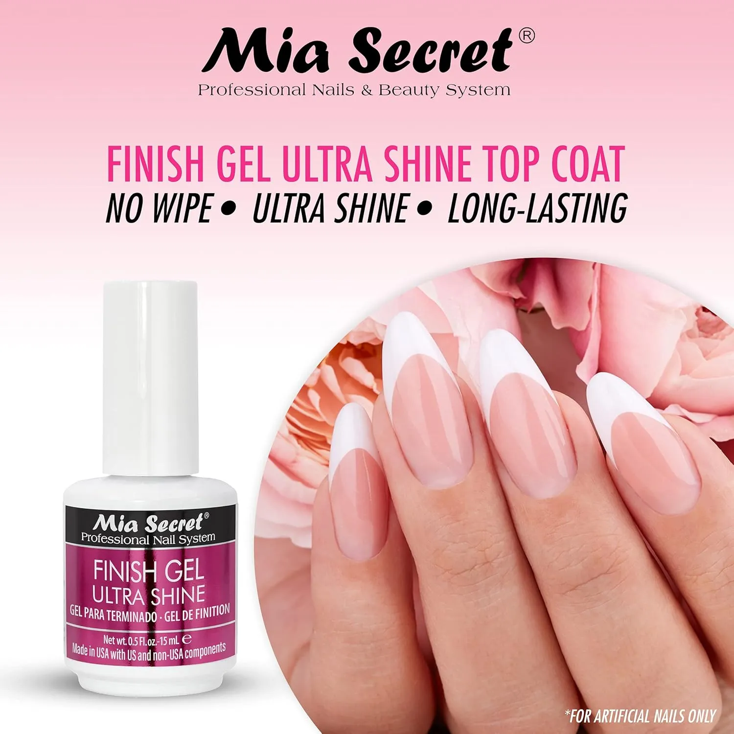 Mia Secret Finish gel top coat for gel or acrylic nails (3-PIECE PACK) - No wipe clear gel nail polish - High gloss top coat for artificial nails (3-Piece Pack)