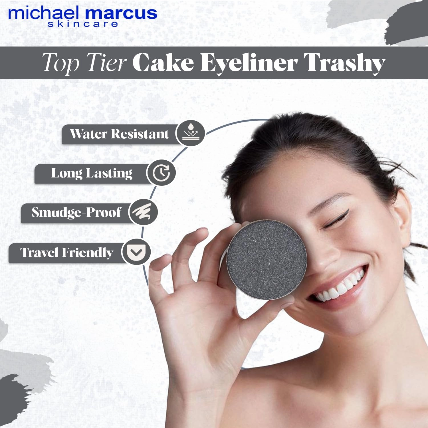 michael marcus Makeup Cake Eye Liner & Eyeliner Brush (Trashy) - Water Activated Dry Pressed, Long-Lasting & Smudge Resistant Eyeliner - Cruelty & Paraben Free - For Beginner & Pro Makeup Artist