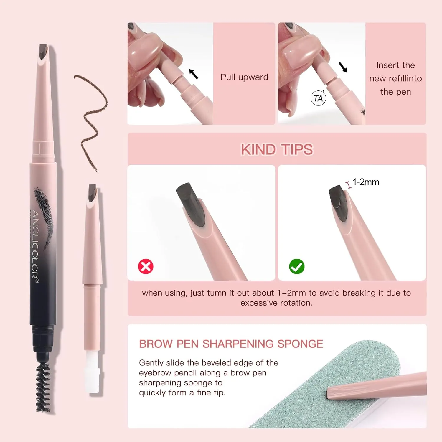 Microblading Eyebrow Pencil Kit–Angled Square Tip Liquid Eyebrow Pencil,Shaping and Filling Brow Definer Pen with Brush & Refill Core,Sharpening Sponge,Waterproof for Hair-Like Strokes(01Light Brown)