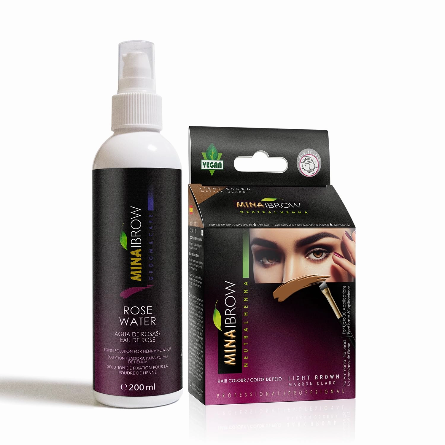 MinaiBrow Light Brown Tinting Kit | Natural Rose Water Spot Coloring Powder, Smudge-Proof Instant Brow Dye