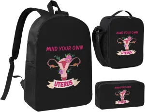 Mind Your Own Uterus Pro Choice Feminist Women's Rights Backpack Set Lightweight Laptop Backpack Lunch Bag with Pencil Case for Women Men Travel Work