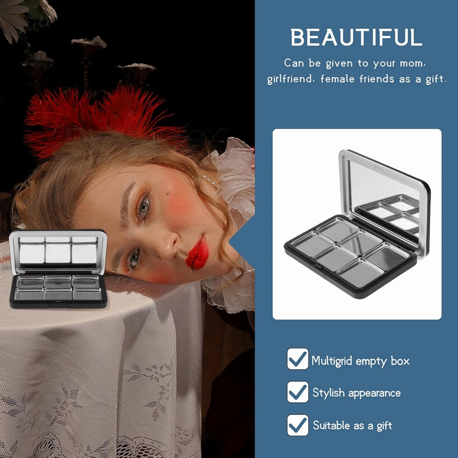 Mobestech Empty Makeup Palette Matte Black Magnet Empty Box Refillable Makeup Container Case Empty Eyeshadow Box Case with 6 Grids for Eyeshadow Lip Balm Blush Powder with Seal