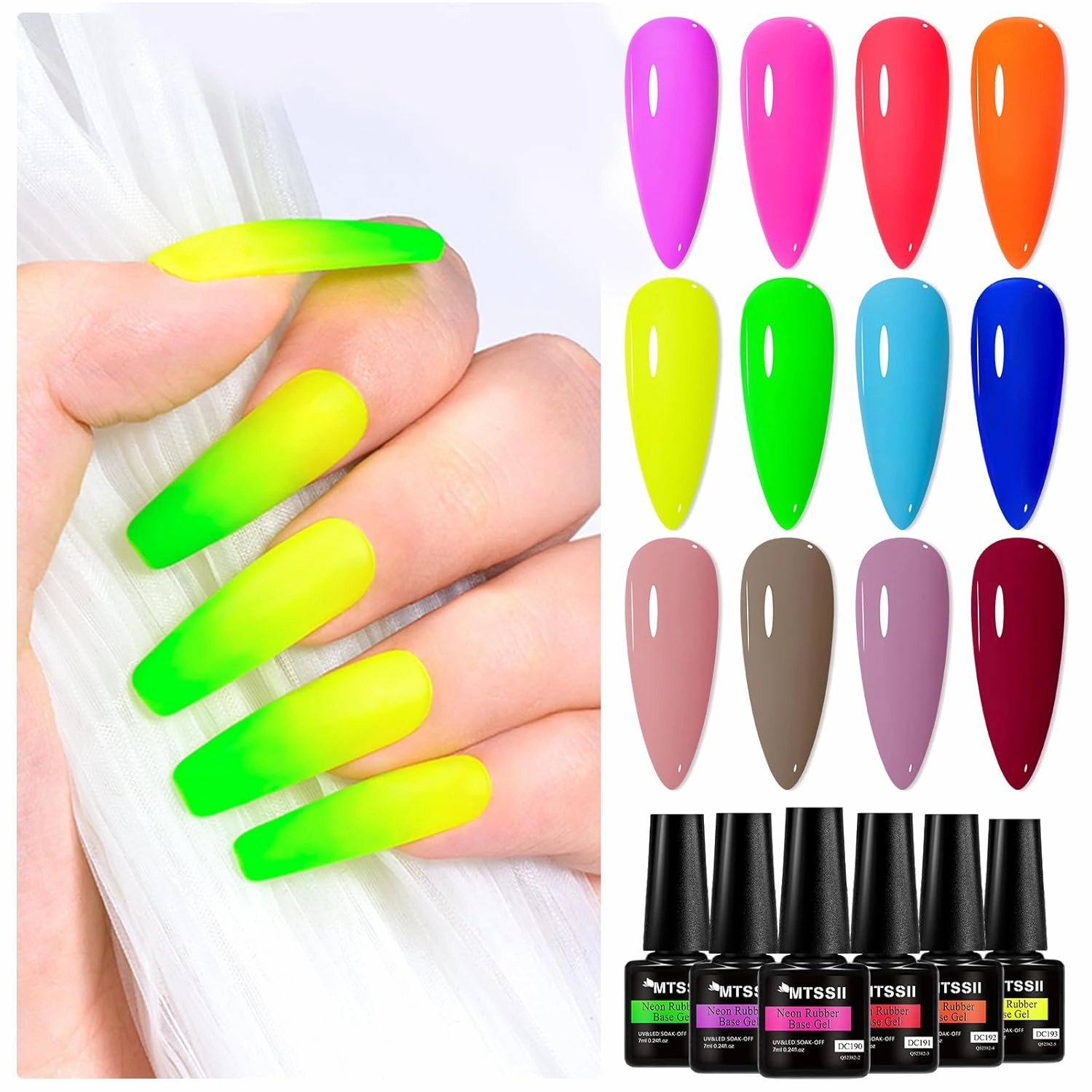 MTSSII Rubber Base Gel for Nails of 12 Colors Neon Orange Green Blue Yellow Rose Red Builder Base Gel Nude Purple Gel Nail Kit Popular Nail Art DIY Manicure Gifts DIY Salon