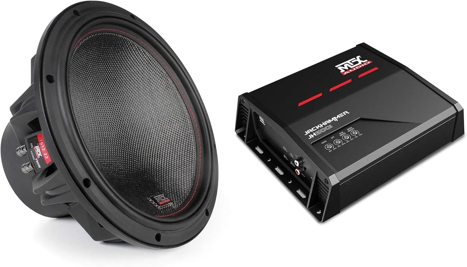 MTX JH5001 Jackhammer Series 500W x 1 @ 1-Ohm Class D Mono Block Amplifier, and MTX 7512-22 75-Series 12" 750W RMS Dual 2-Ohm Subwoofer