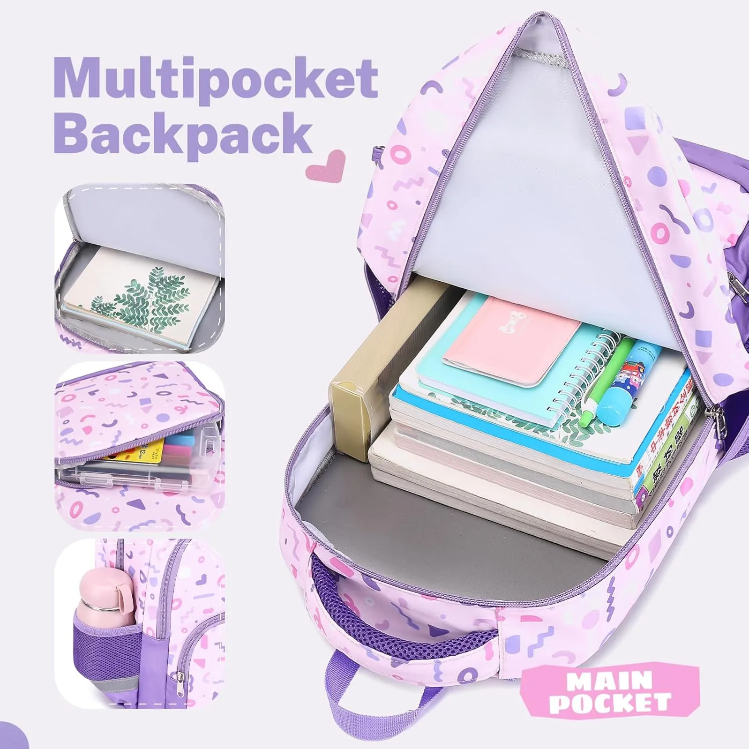 mygreen 3PCS Kids Backpack Set - Waterproof Bookbag with Lunch Box for Girls Ages 3-12, Adorable Cartoon Prints for School & Outdoor Use Pink Dogs