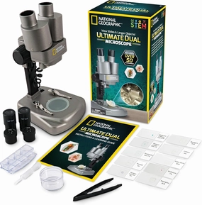 NATIONAL GEOGRAPHIC Dual LED Kids Microscope - 50  pc Science Kit with 10 Prepared Slides & 10 DIY Blank Slides, Biology Experiment Activity, Microscope Kit for Kids 8-12 (Amazon Exclusive)