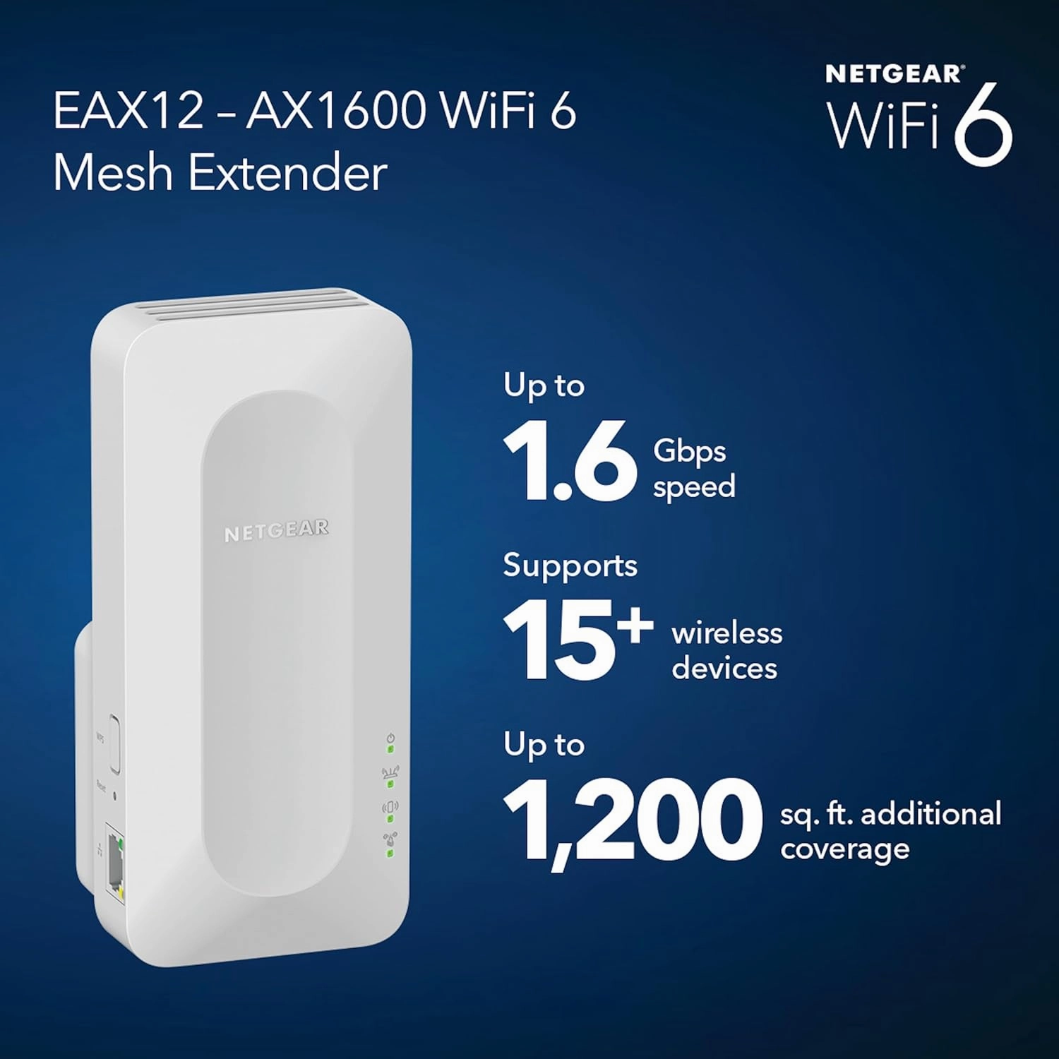 NETGEAR WiFi 6 Mesh Range Extender (EAX12) - Add up to 1,200 sq. ft. and 15  Devices with AX1600 Dual-Band Wireless Signal Booster & Repeater (up to 1.6Gbps Speed), WPA3 Security, Smart Roaming