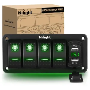 Nilight 4 Gang Rocker Switch Panel Green Backlit with 4.8 Amp Dual USB Charger Voltmeter Waterproof 12V 24V DC Night Glow Stickers for Car Trucks Boats RVs