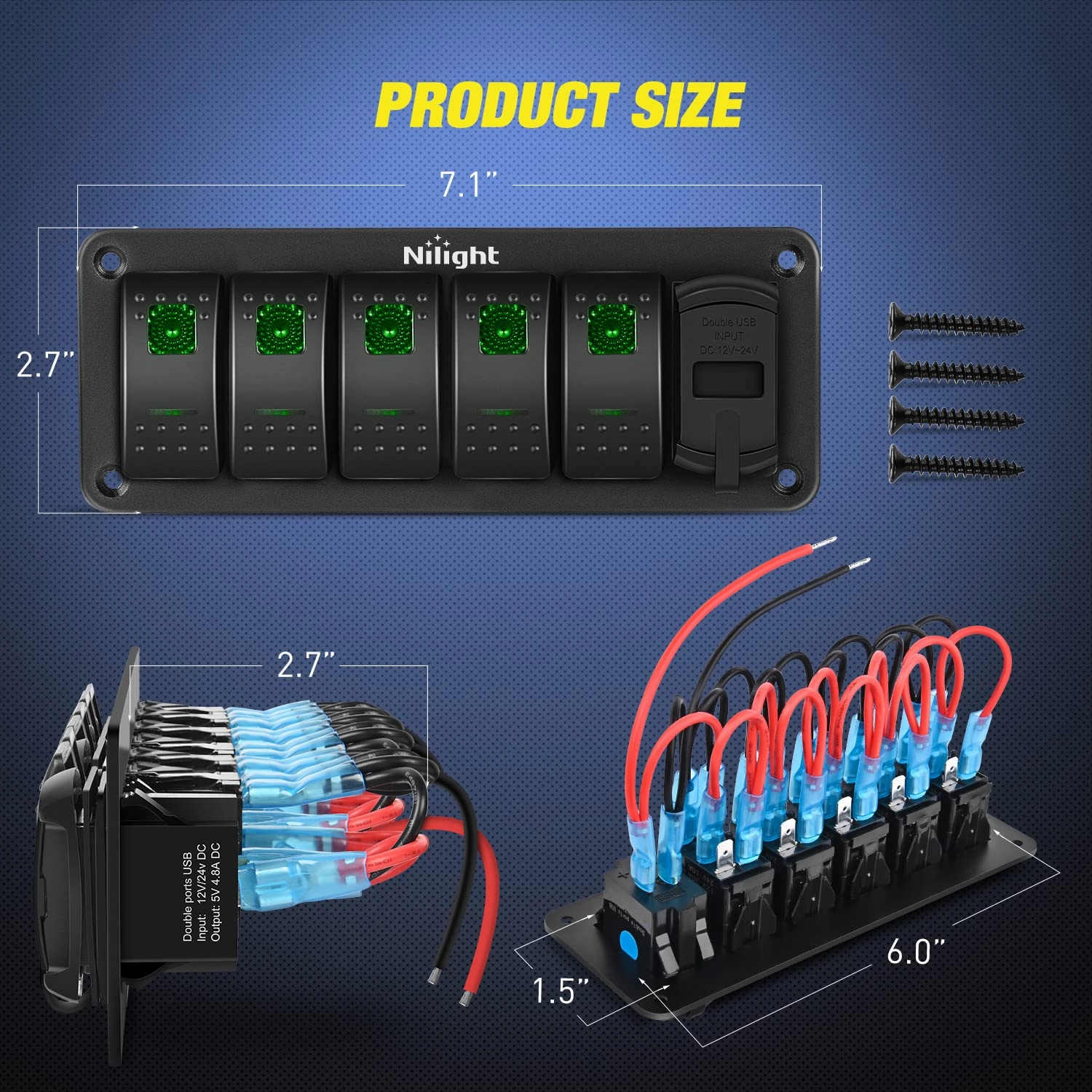 Nilight 5 Gang Rocker Switch Panel Green Backlit with 4.8 Amp Dual USB Charger Voltmeter Waterproof 12V 24V DC Night Glow Stickers for Car Trucks Boats RVs