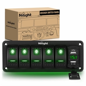 Nilight 5 Gang Rocker Switch Panel Green Backlit with 4.8 Amp Dual USB Charger Voltmeter Waterproof 12V 24V DC Night Glow Stickers for Car Trucks Boats RVs